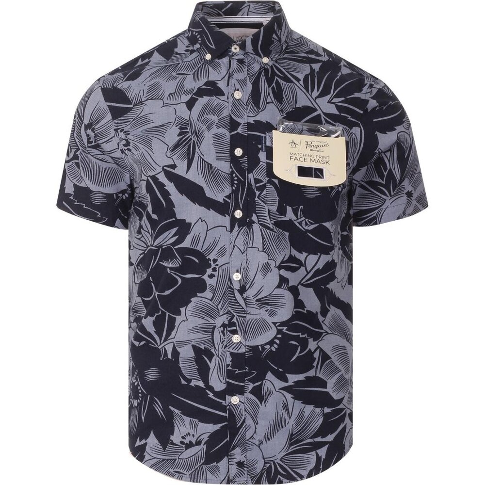 Penguin 70's Retro Indie Hawaiian Shirt Men's Button Down Blue Floral